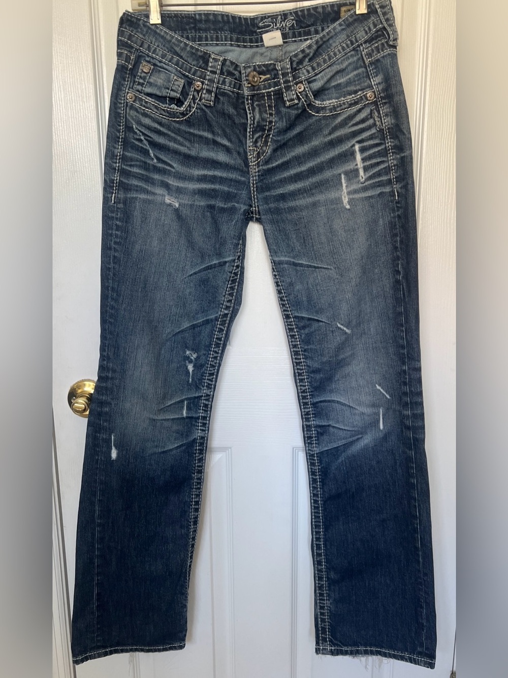 Silver Jeans Lola 17 Inch Straight Distressed Blue Denim Jeans Sz 28/31